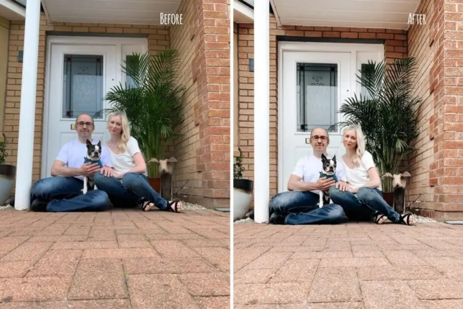 A couple sits with their dog at the doorstep of a brick house, showcasing doorstep photography in South Lanarkshire