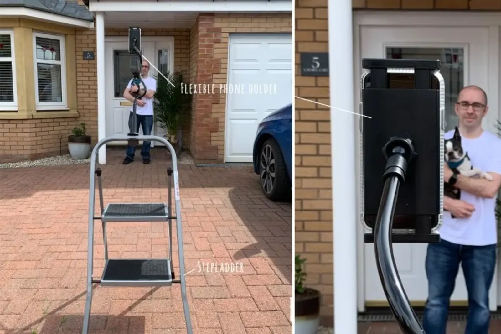 Person standing on a front doorstep holding a camera in Newton, with a close-up of a tripod setup for doorstep photography