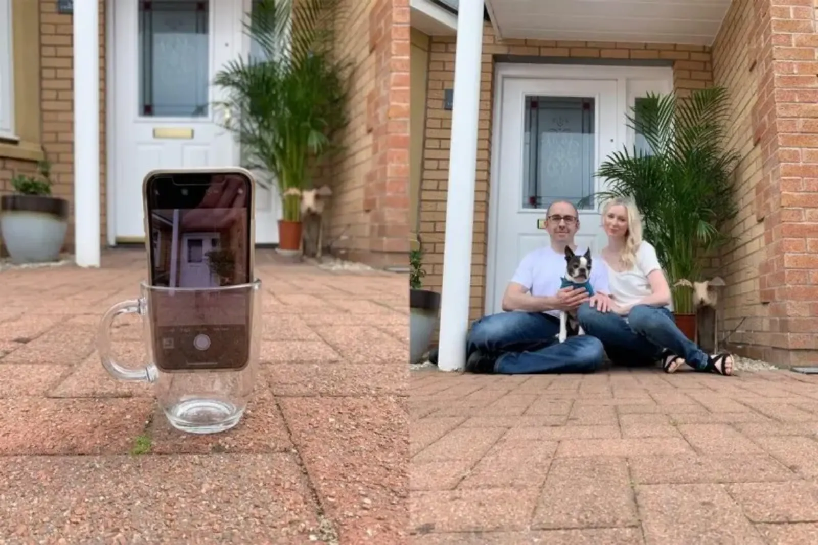 A couple with their dog sitting by their front door, capturing a doorstep portrait using a smartphone in South Lanarkshire