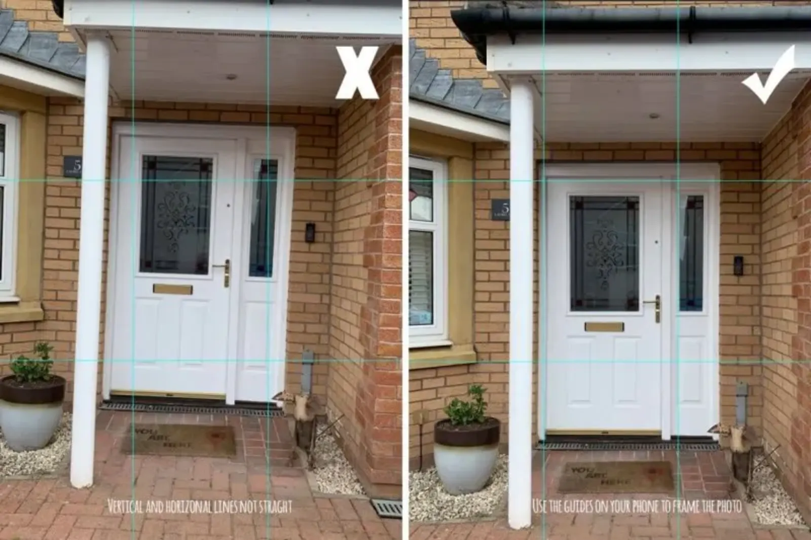 Two front doorstep views; one cluttered, the other tidy with a plant. Perfect example of doorstep photography in East Kilbride.