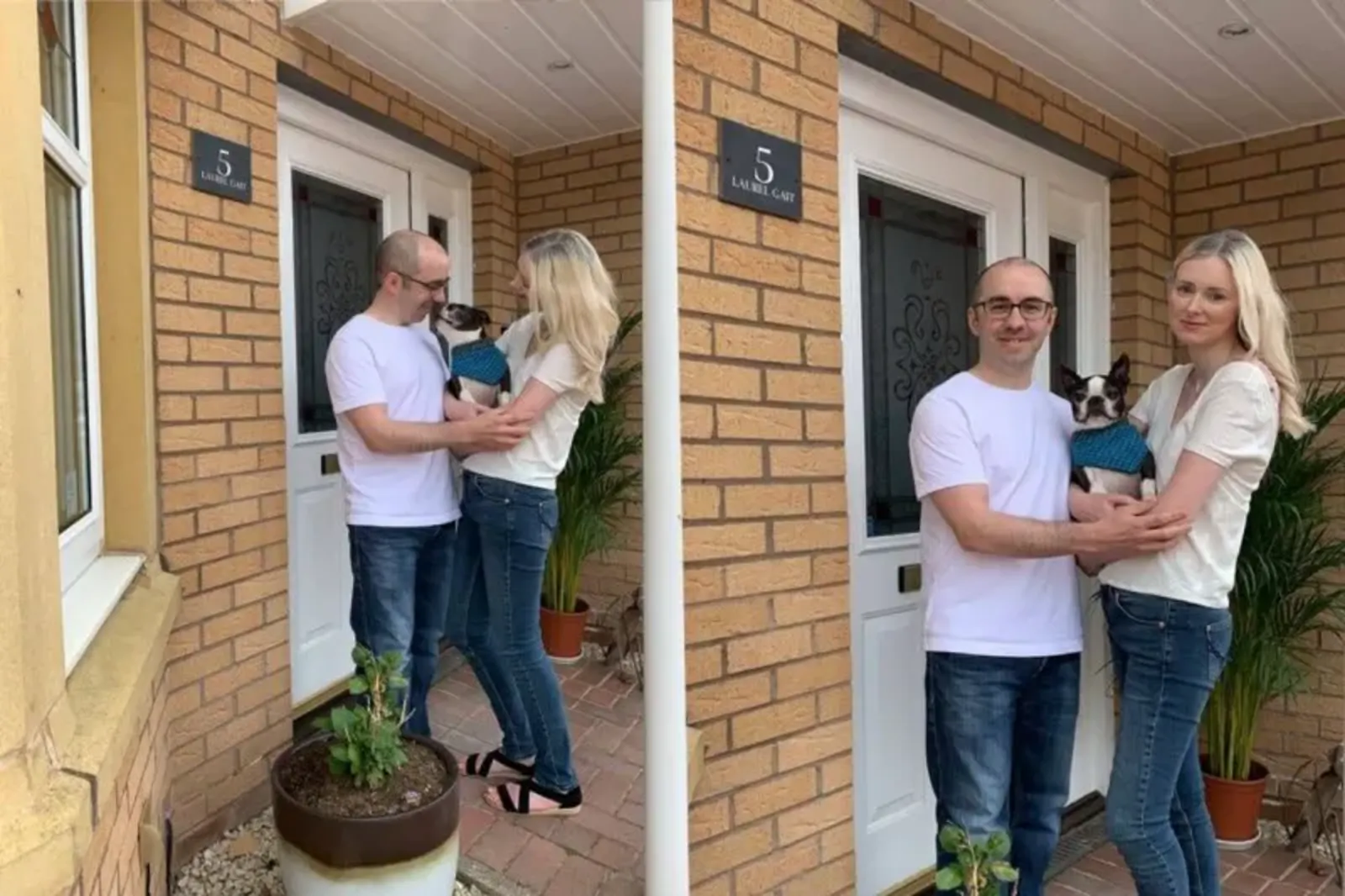 A couple with a dog poses happily on their doorstep in Glasgow, showcasing doorstep photography with a cozy home setting
