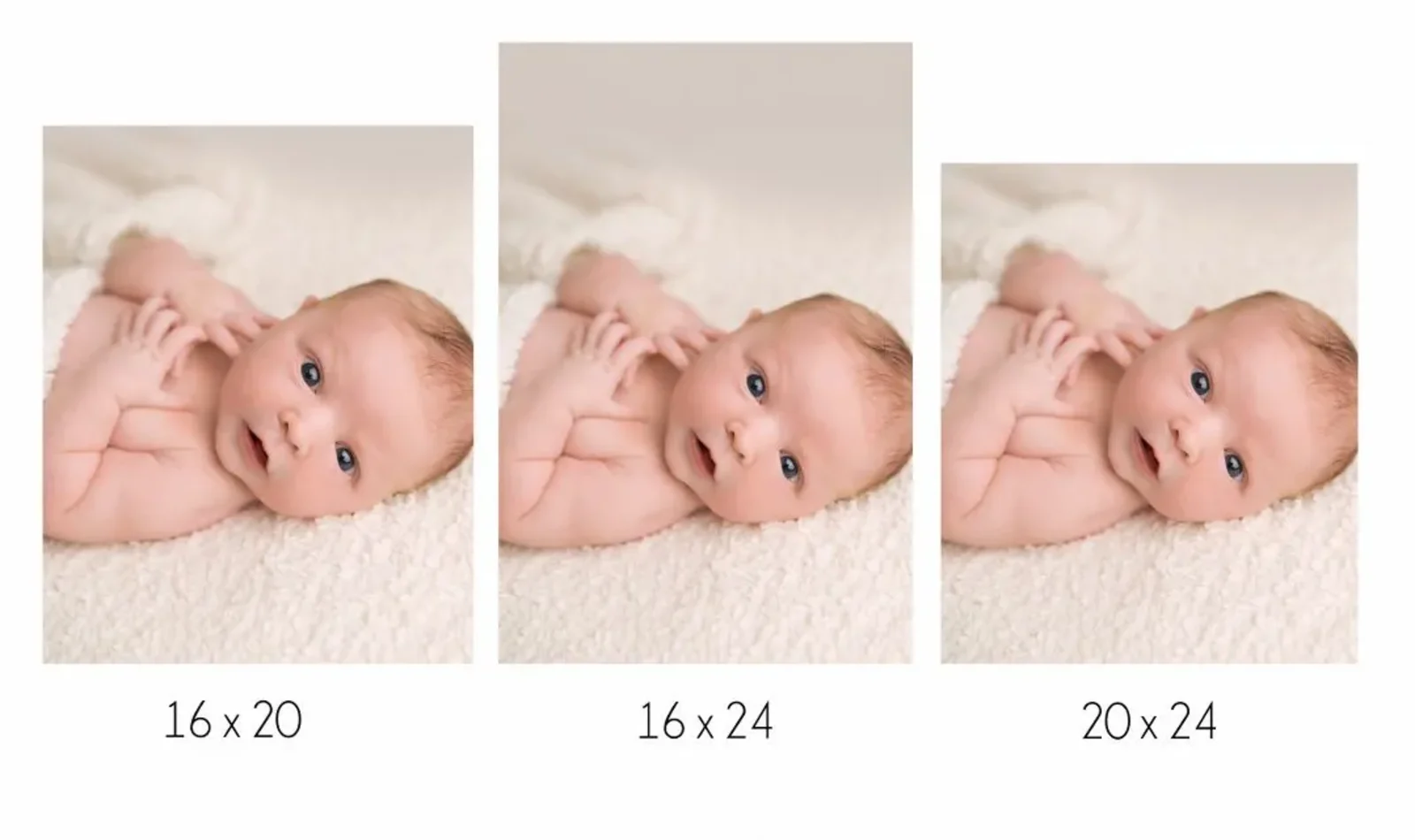 A photography crop guide showing different aspect ratios with a baby as the subject, ideal for photographers in Hamilton