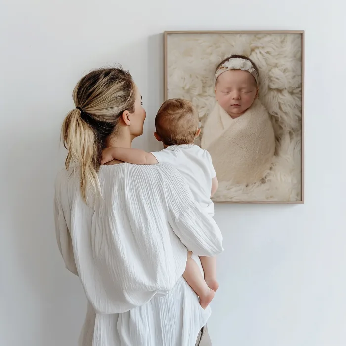 A mother holds her baby while admiring a framed baby photograph on the wall, showcasing baby photography in Cambuslang