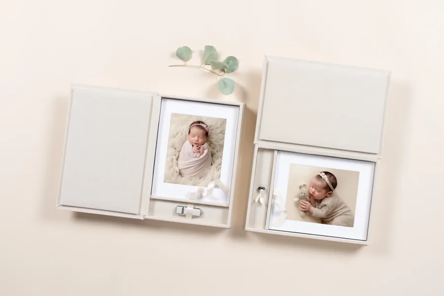 Elegant heirloom photo boxes with baby portraits and keepsakes, ideal for preserving memories in Rutherglen