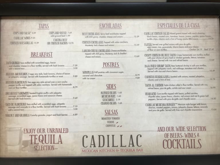 cadillac mexican kitchen and tequila bar iah menu