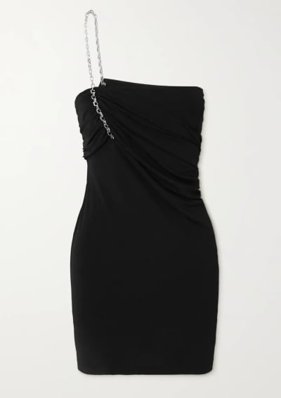 One-shoulder chain-embellished stretch-jersey and mesh mini dress