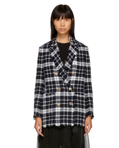 Thom Browne Plaid Tweed Navy and White Checkered Blazer with Gold Buttons