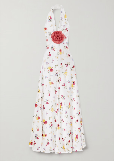 Appliquéd floral-print silk-satin halterneck maxi dress