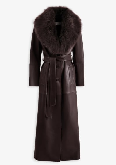 Long Leather Jacket with Fur Collar