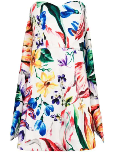 Mikado Floral Print Strapless Mini-Dress w/Cape