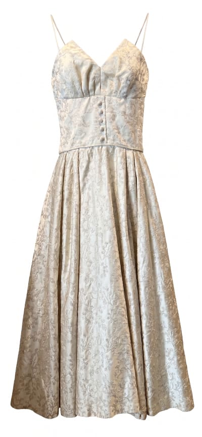 1950s Ivory Satin Floral Metallic Gown