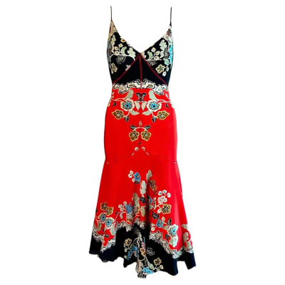 S/S 2003 Roberto Cavalli Chinoiserie Red Midi Dress