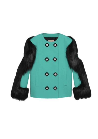 Gucci 2023 Resort Blue Coat with Black Fur Sleeves and Embellished Buttons