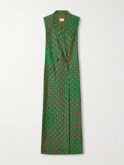 green and pink Dries Van Noten Polka-dot Satin-Jacquard long coat 