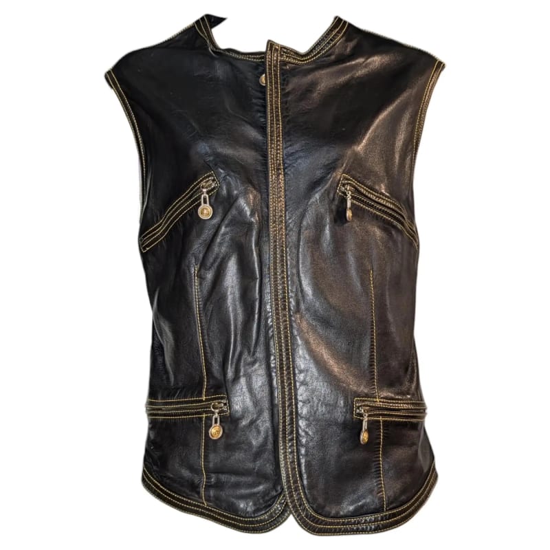 Versace Black Leather Medusa Vest with Yellow Topstitching, image 1 of 3