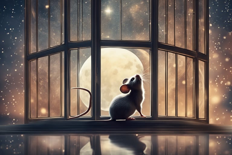 A mouse looks up to a sky with a moon and stars