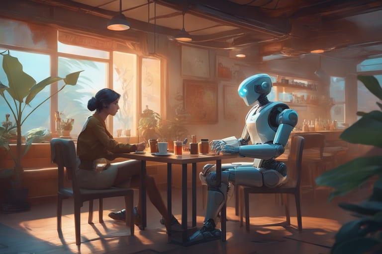 Two people seated at a table. conversation. A robot barista behind them. Friendly. Warm. Inviting.