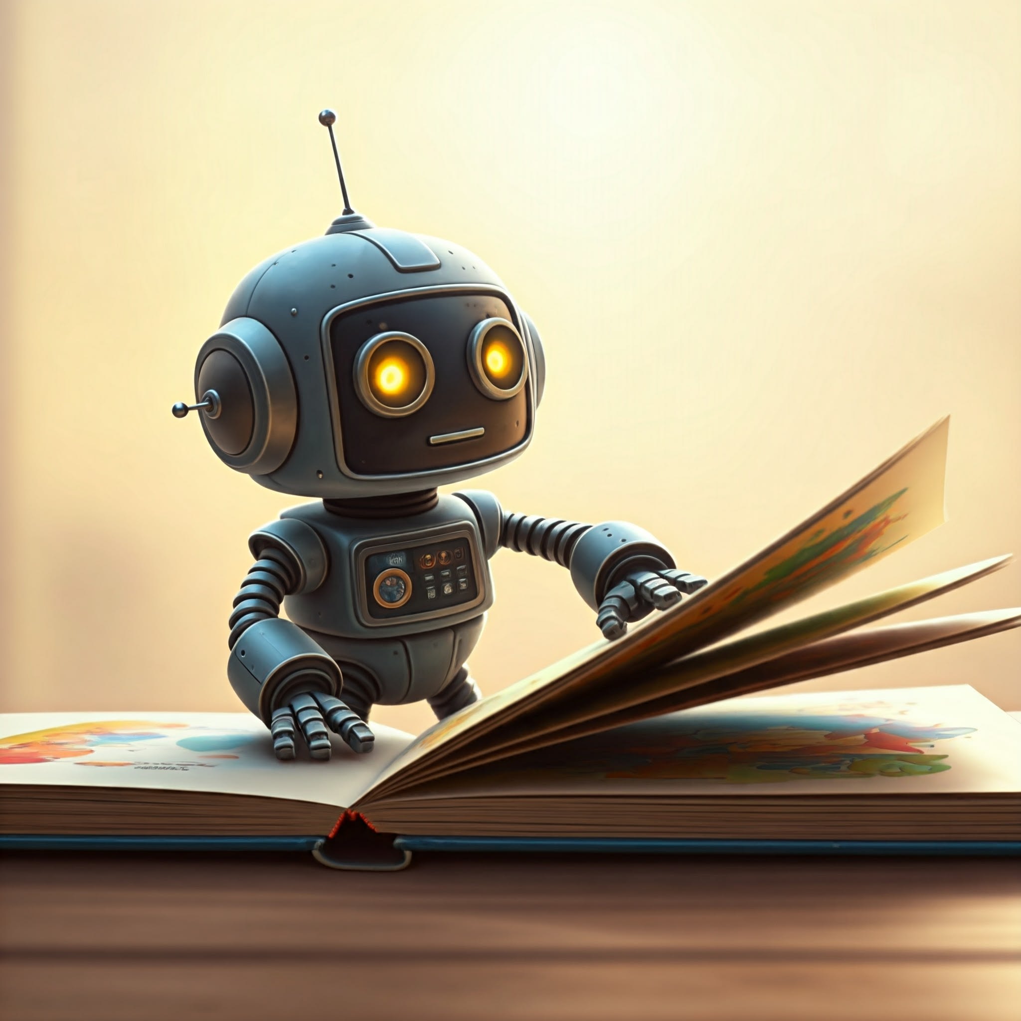 An image of a robot turning a page on the book