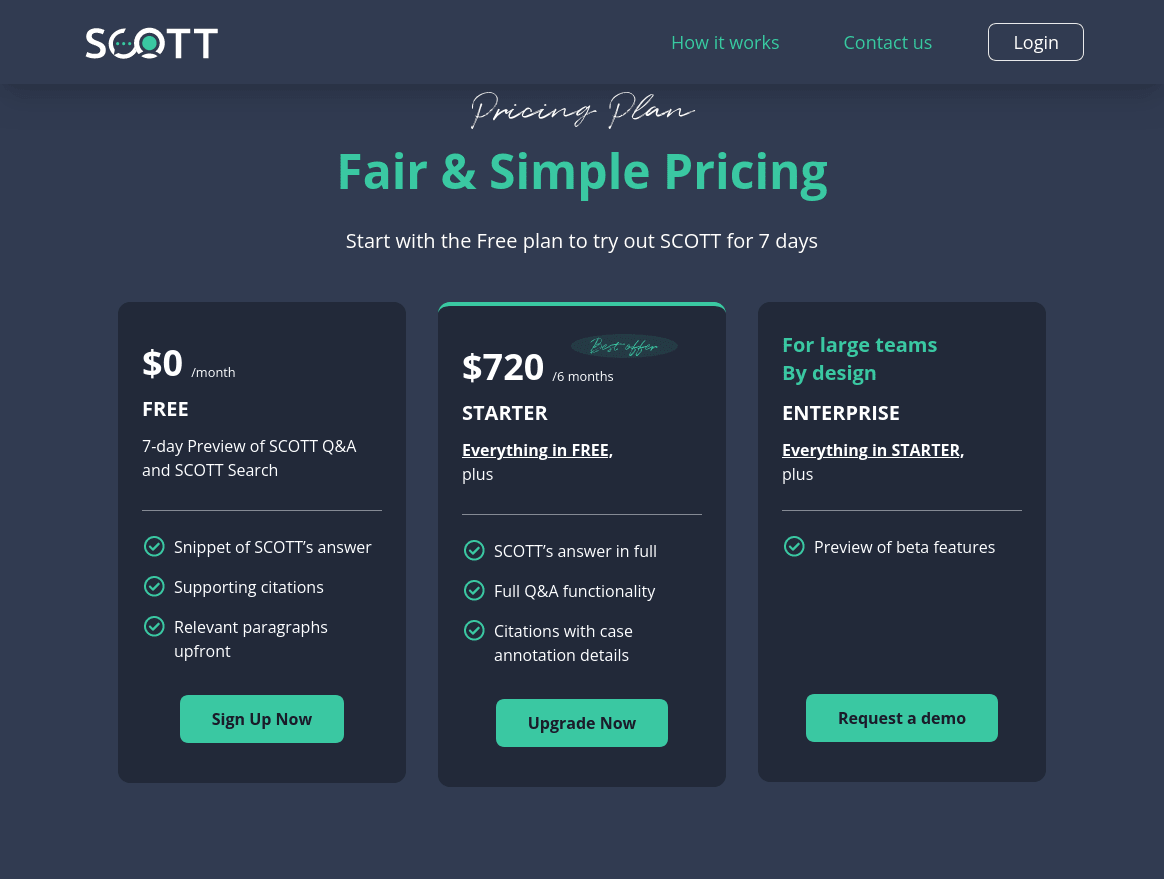 A pricing chart for Scott, a litigation assistant that works like a Chatbot.