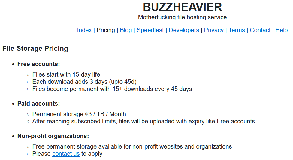 Pricing file hosting buzzheavier