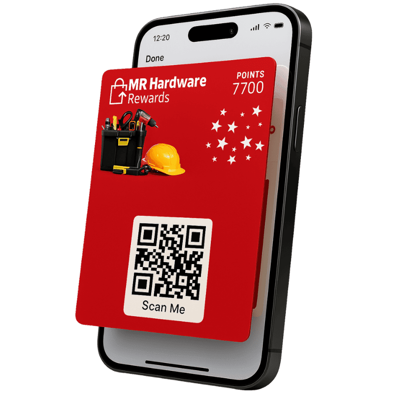 A smartphone showing a Loyaltymaster digital reward card with a QR code on the card