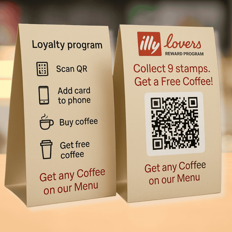 A printed table talker with a QR code for customers to join the loyalty program