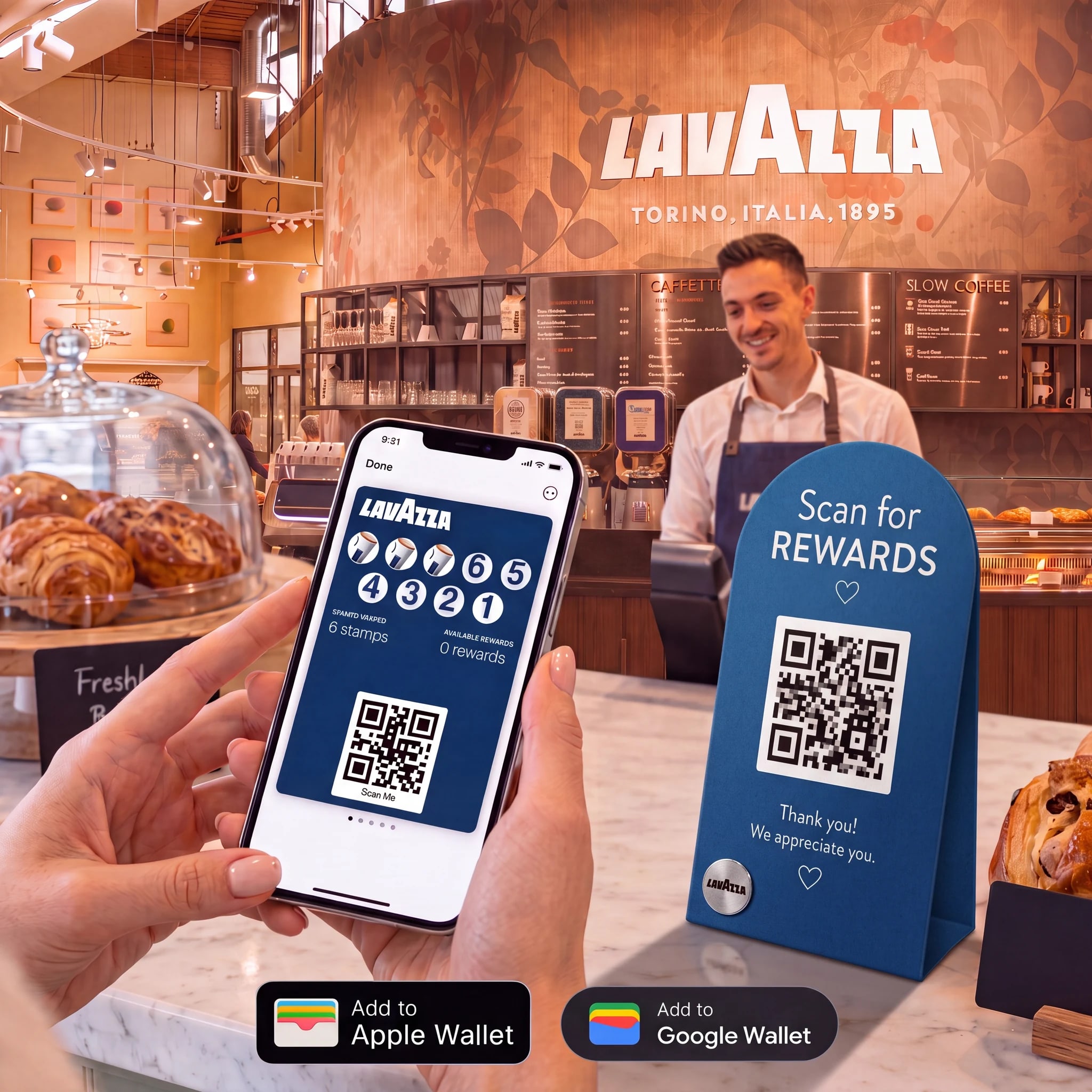 Customer scanning a counter QR stand to add a branded coffee loyalty card to Apple Wallet