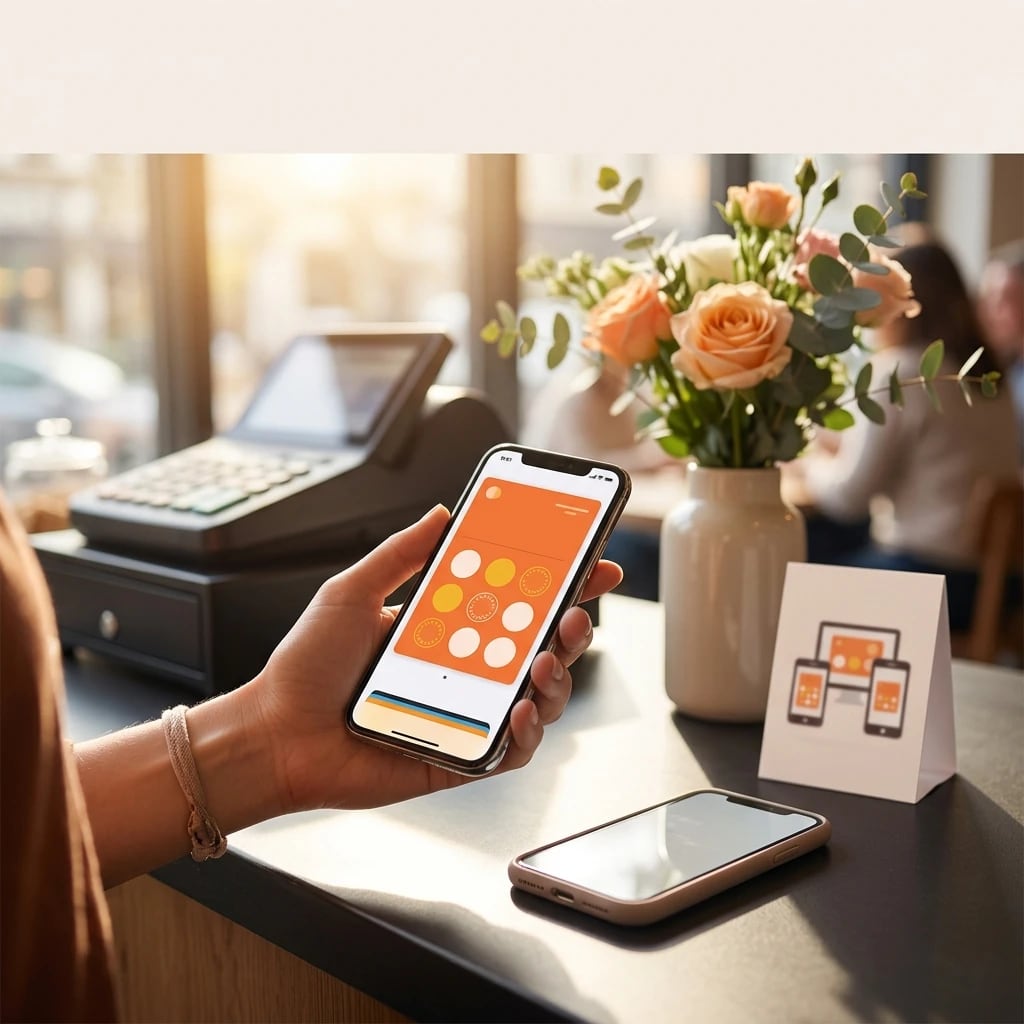 Customer holding a phone with a branded Loyaltymaster loyalty card open in the phone's wallet app