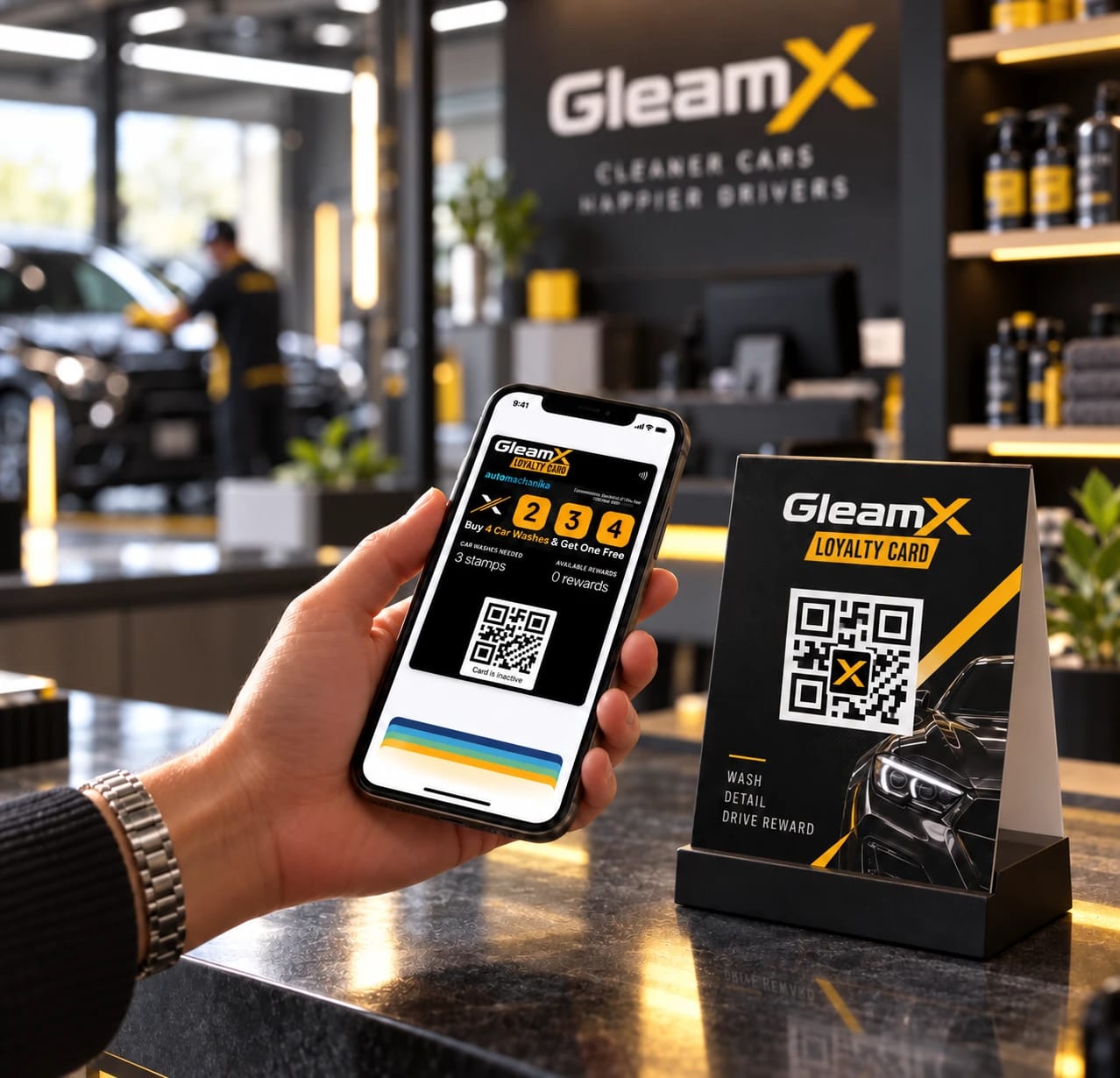 Customer holding a phone showing a car wash's branded stamp card in Apple Wallet, next to a matching QR code table talker on the counter
