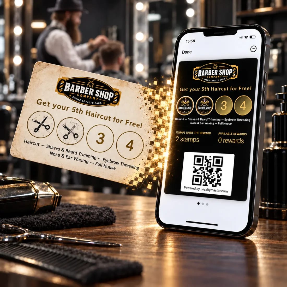 A paper barber shop stamp card dissolving into a digital loyalty card on a phone, on a barber counter