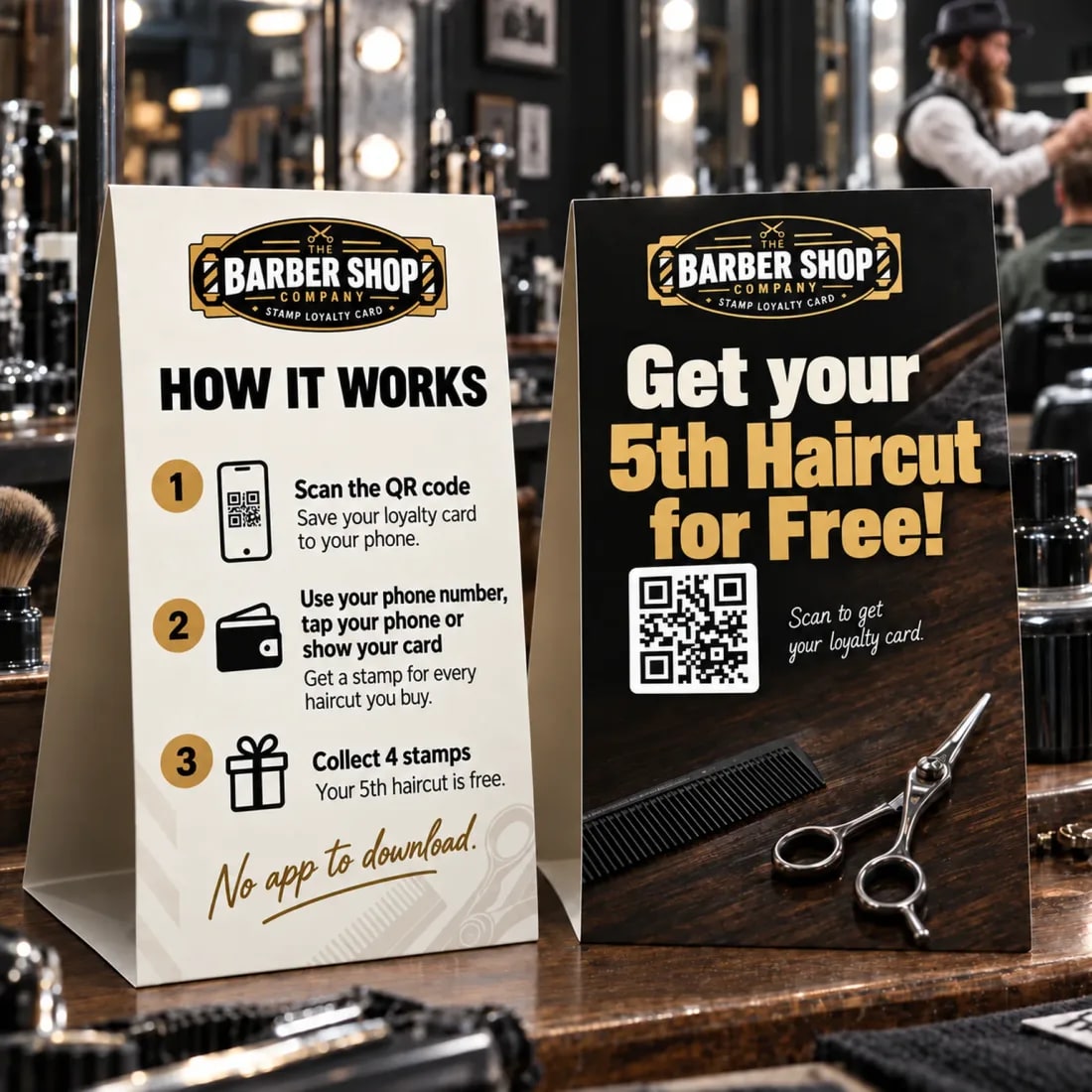 Two barber shop counter signs, one explaining how to join the loyalty programme in three steps and one advertising a free fifth haircut