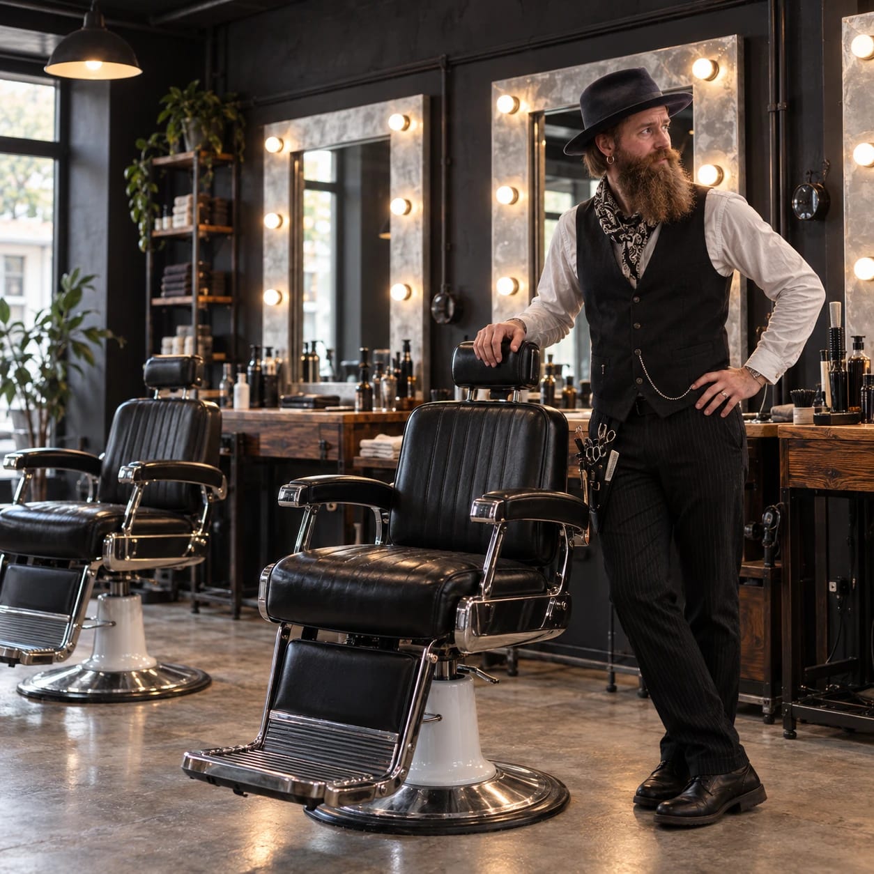 A barber leaning on an empty barber chair in his quiet shop, looking out for customers