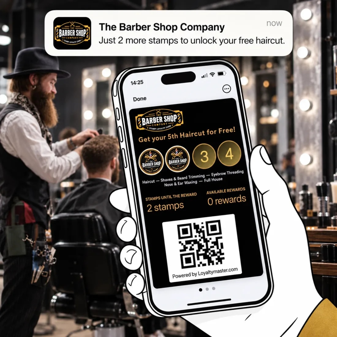 A hand holding a phone showing a barber shop stamp card saved in the phone's digital wallet, two stamps until the reward