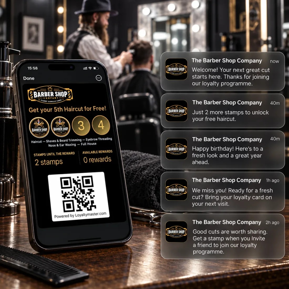 A phone showing a barber shop stamp card in the wallet, with push notifications from the shop stacked beside it