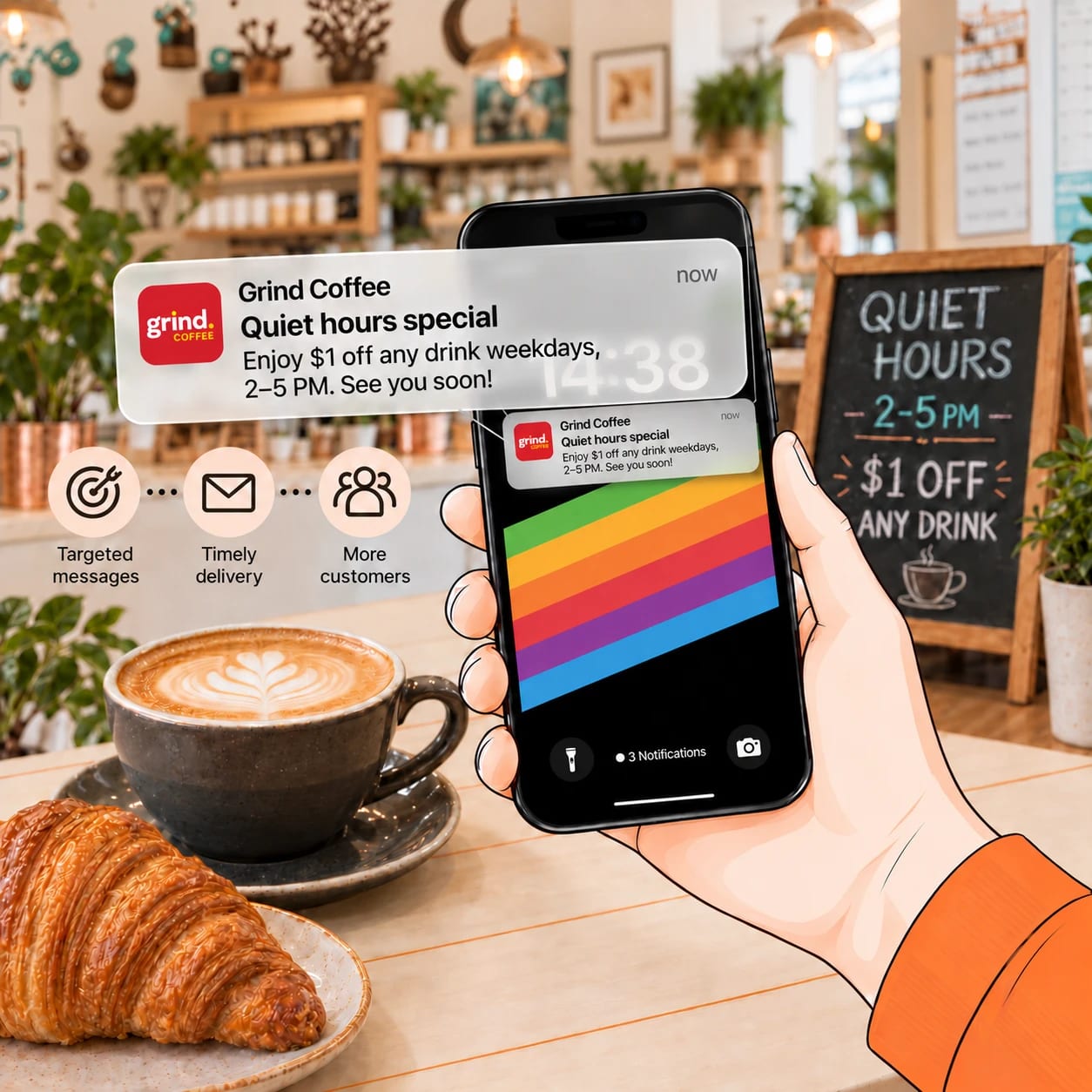 Phone showing wallet cards and a Grind Coffee quiet-hours push message beside coffee and a croissant in a cafe