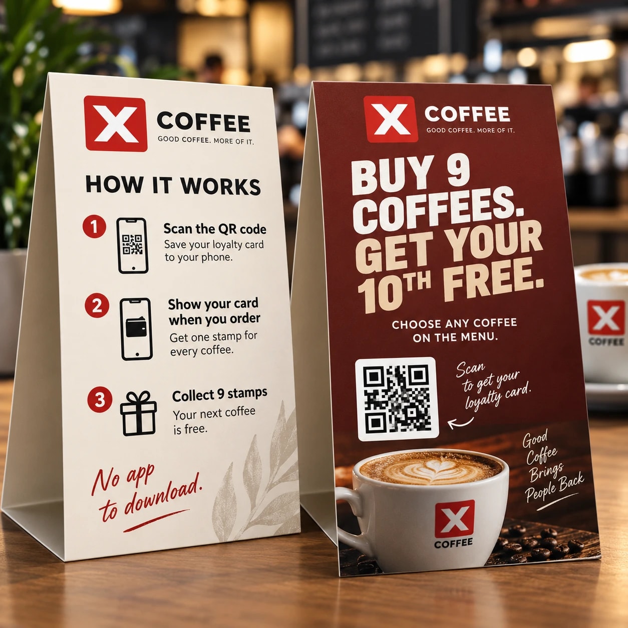 X Coffee counter signs explaining QR-code signup and the coffee stamp-card reward