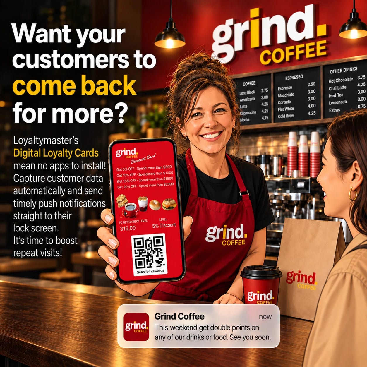 Smiling Grind Coffee barista holding a phone with a digital reward card, alongside a double-points push message