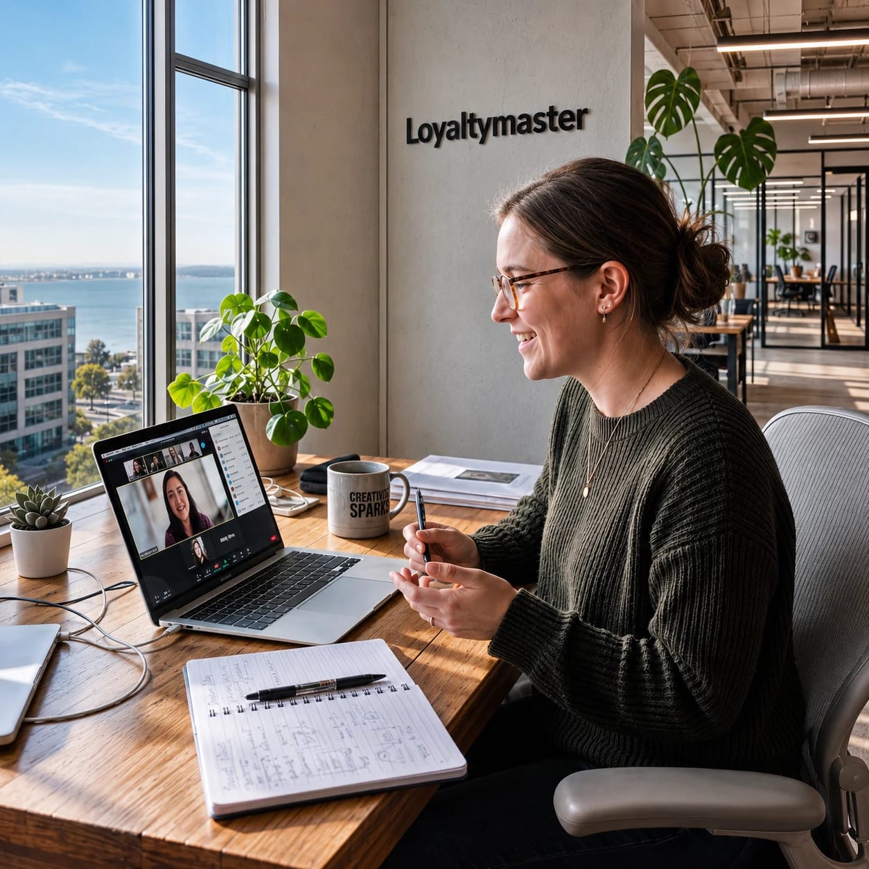 Loyaltymaster specialist on a video call walking a business owner through a live demo