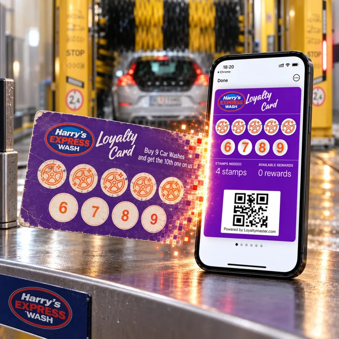 A paper car wash stamp card dissolving into a digital loyalty card on a phone, in front of a wash bay