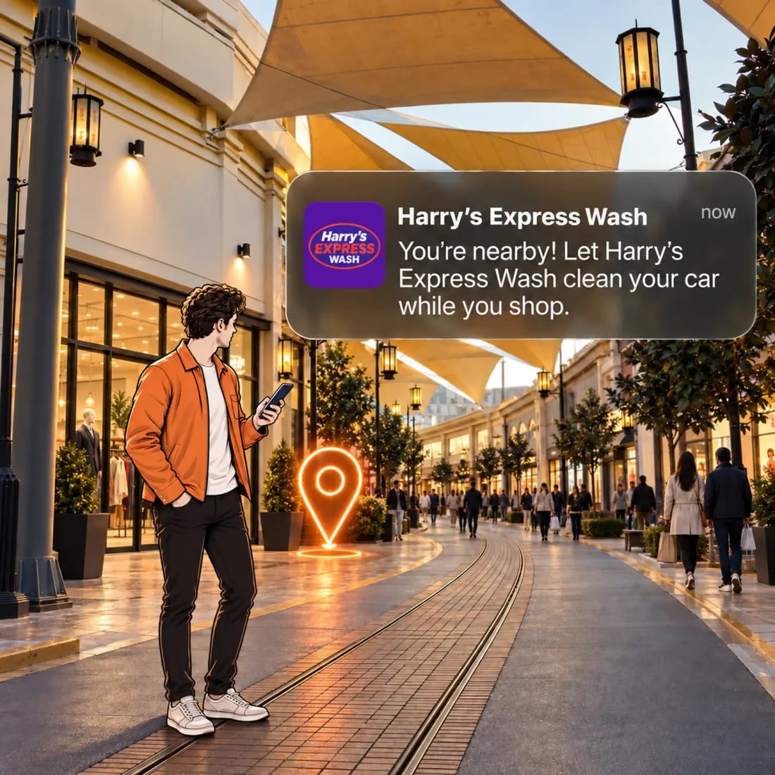 A person on a shopping promenade reading a car wash notification on their phone, with a location pin marking the nearby wash