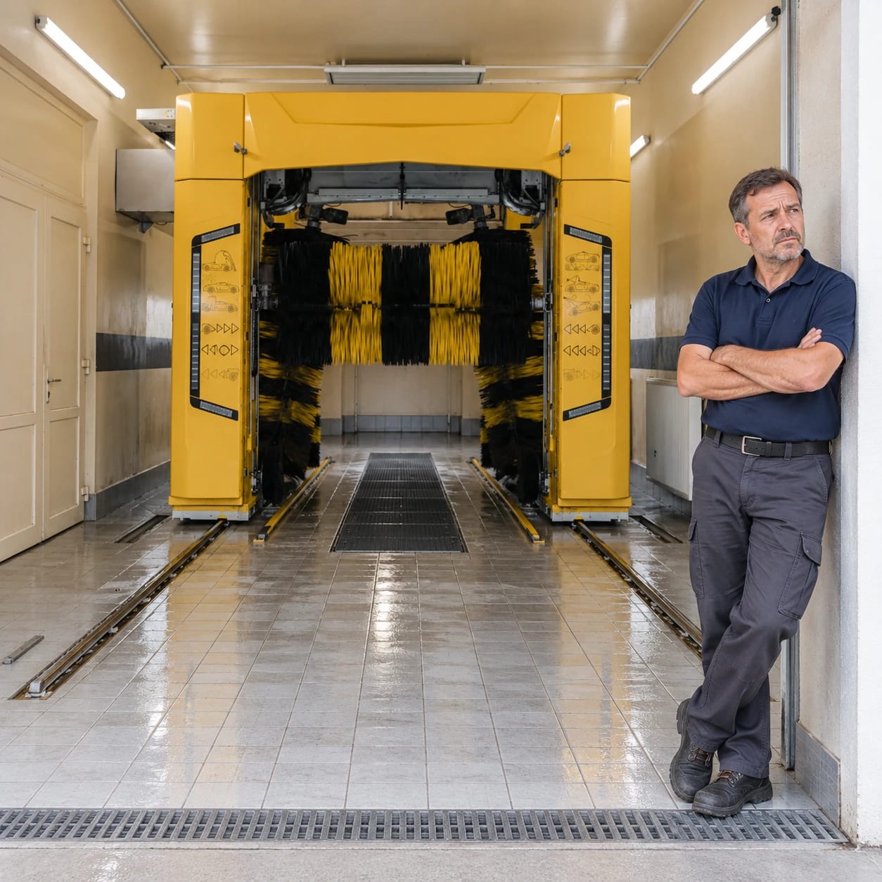 A car wash owner leaning against the wall beside an empty wash bay, arms folded, looking out for customers