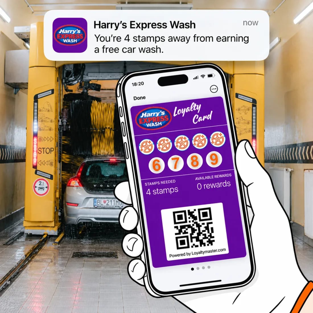 A hand holding a phone showing a car wash stamp card saved in the phone's digital wallet, five stamps collected