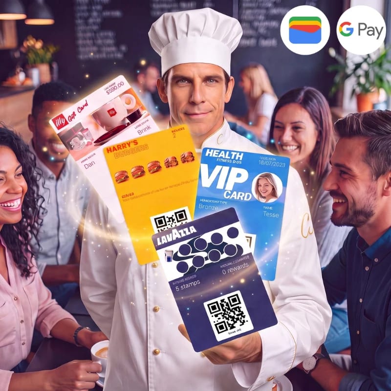 Chef fanning out gift, stamp and VIP membership cards that customers keep in Google Wallet