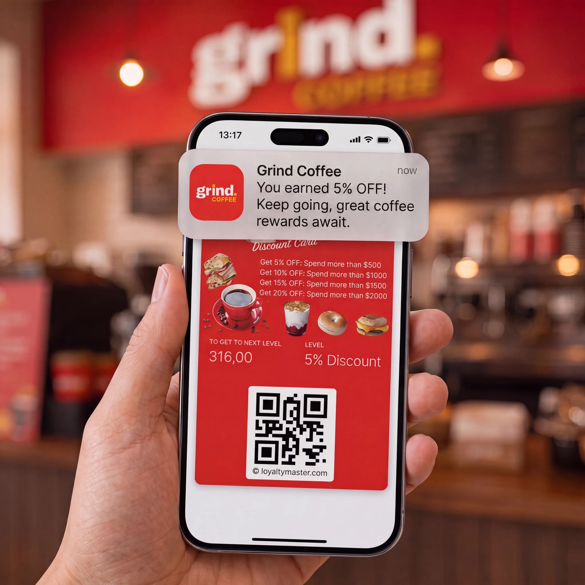 Customer holding a phone showing a branded discount card as a push notification confirms a 5% reward