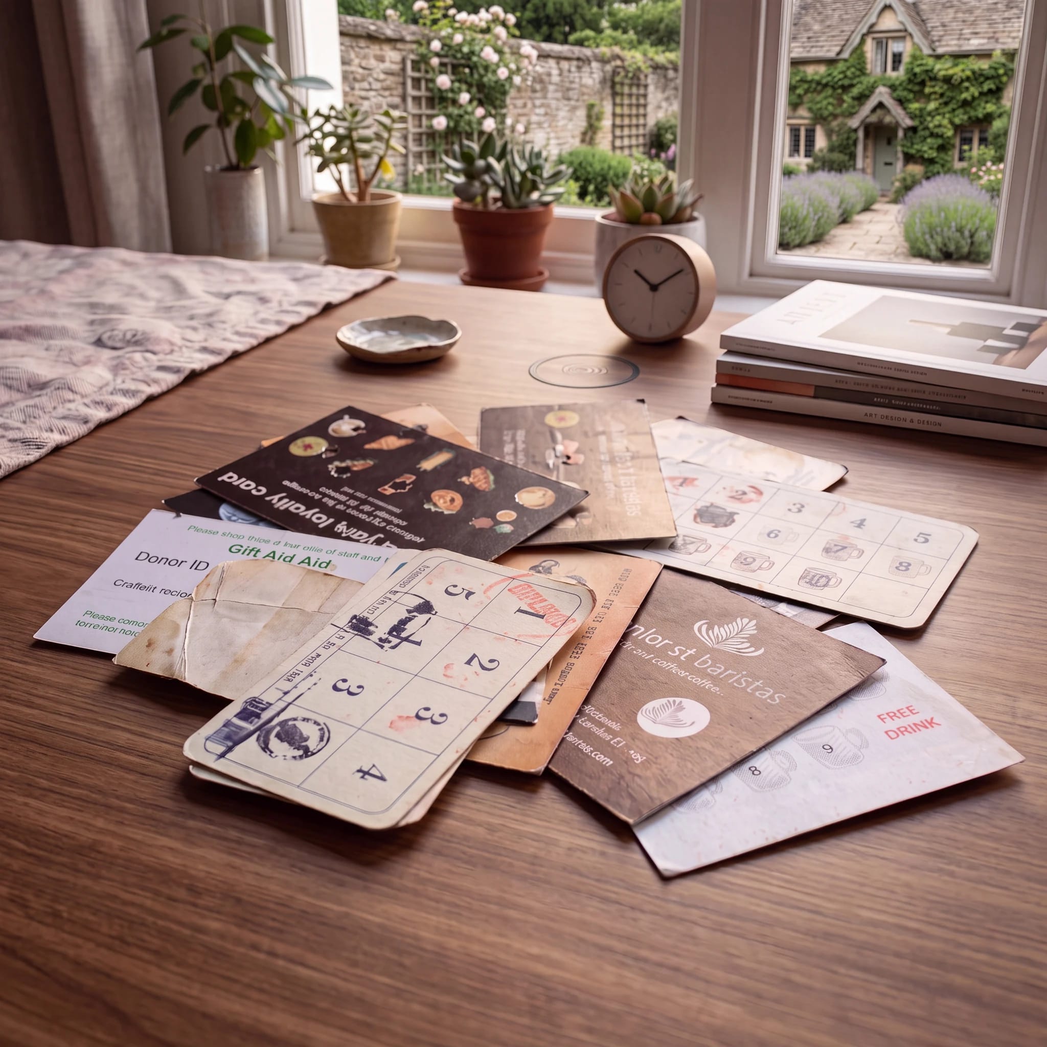 Pile of worn, faded paper loyalty and stamp cards spread across a table at home