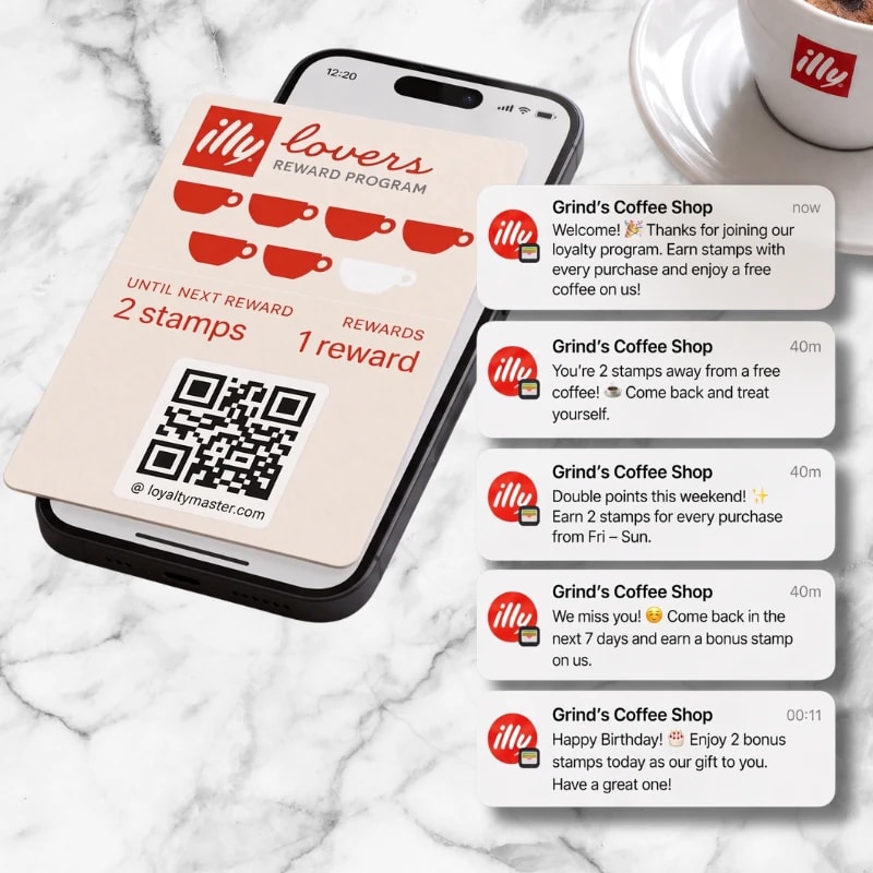Branded coffee loyalty card in a phone wallet beside a series of automated push messages