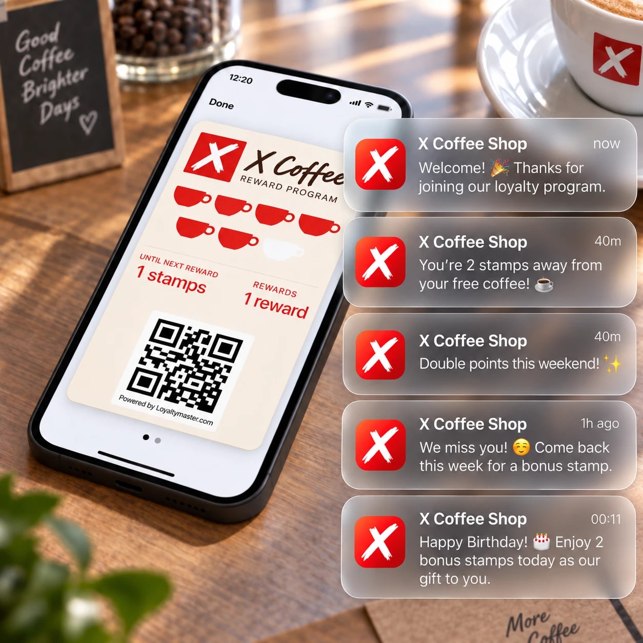 Coffee shop reward card in a phone wallet beside five automated push messages