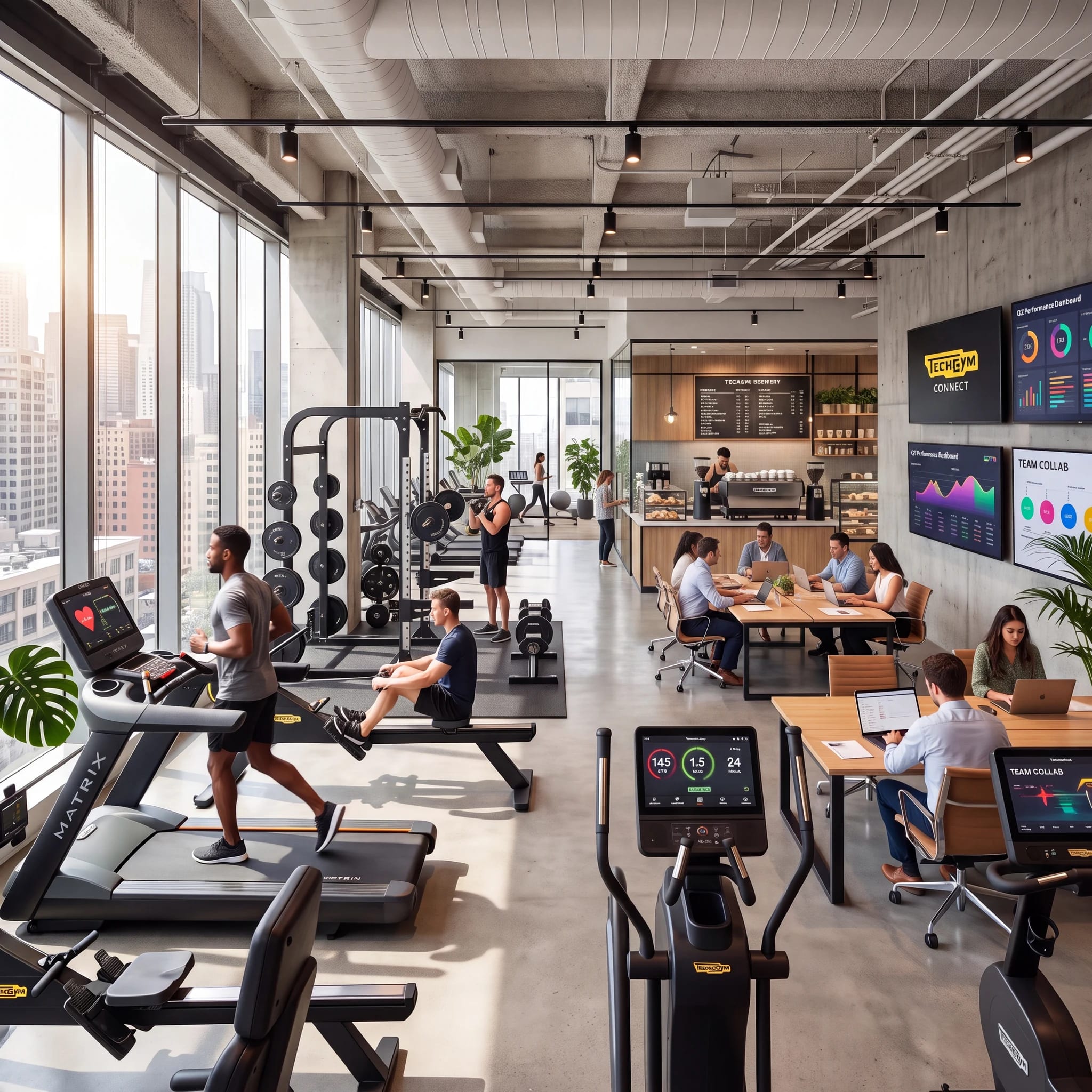 Members training in a modern gym with live member dashboards on the wall screens