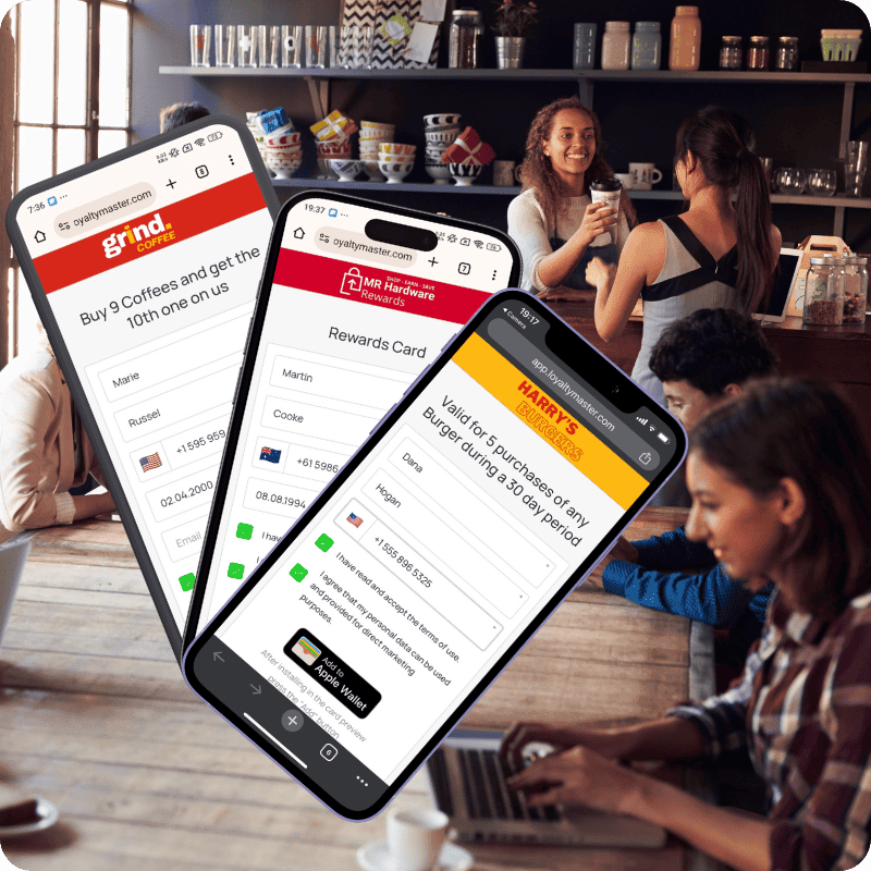 Phone fanning out every Loyaltymaster card type, from stamp card to gift card
