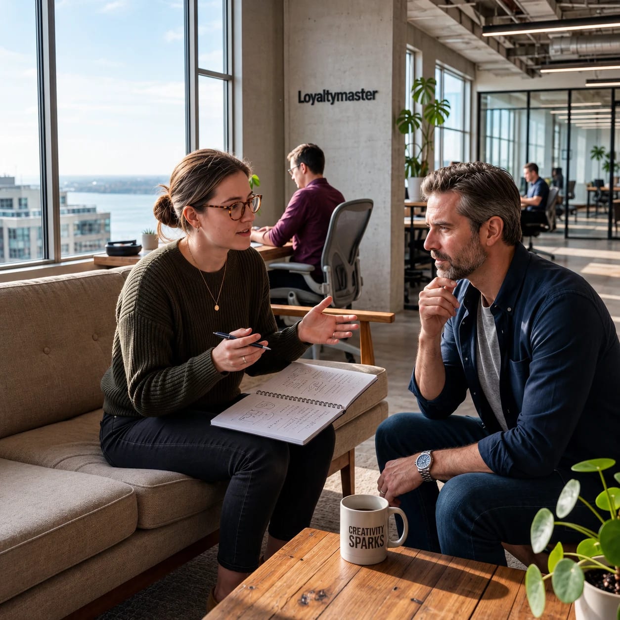 Loyaltymaster support specialist walking a small-business owner through their digital loyalty card at a sunlit cafe table